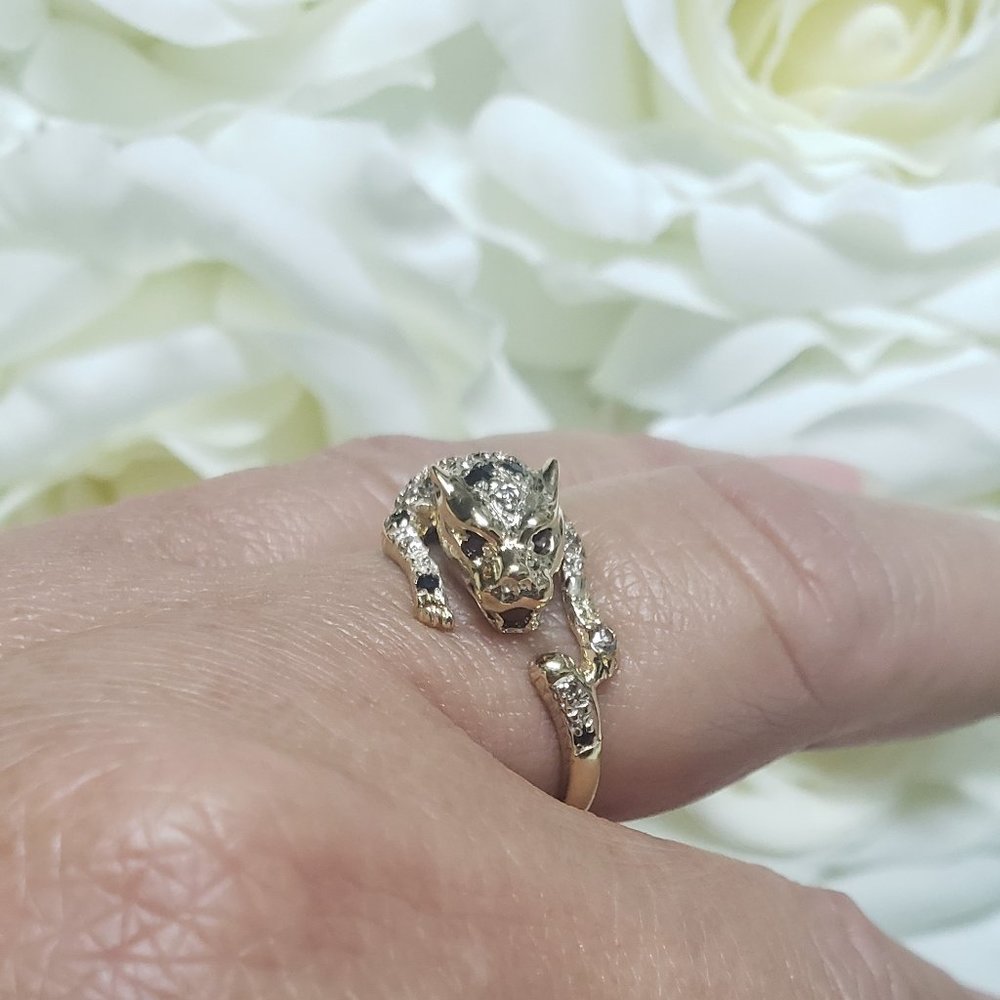 14K SOLID GOLD SAPPHIRE AND RUBY EYES PANTHER RING - Picture 7 of 11
